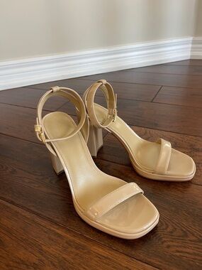 MICHAEL KORS Nude Patent Block Heel Sandals with Ankle Strap